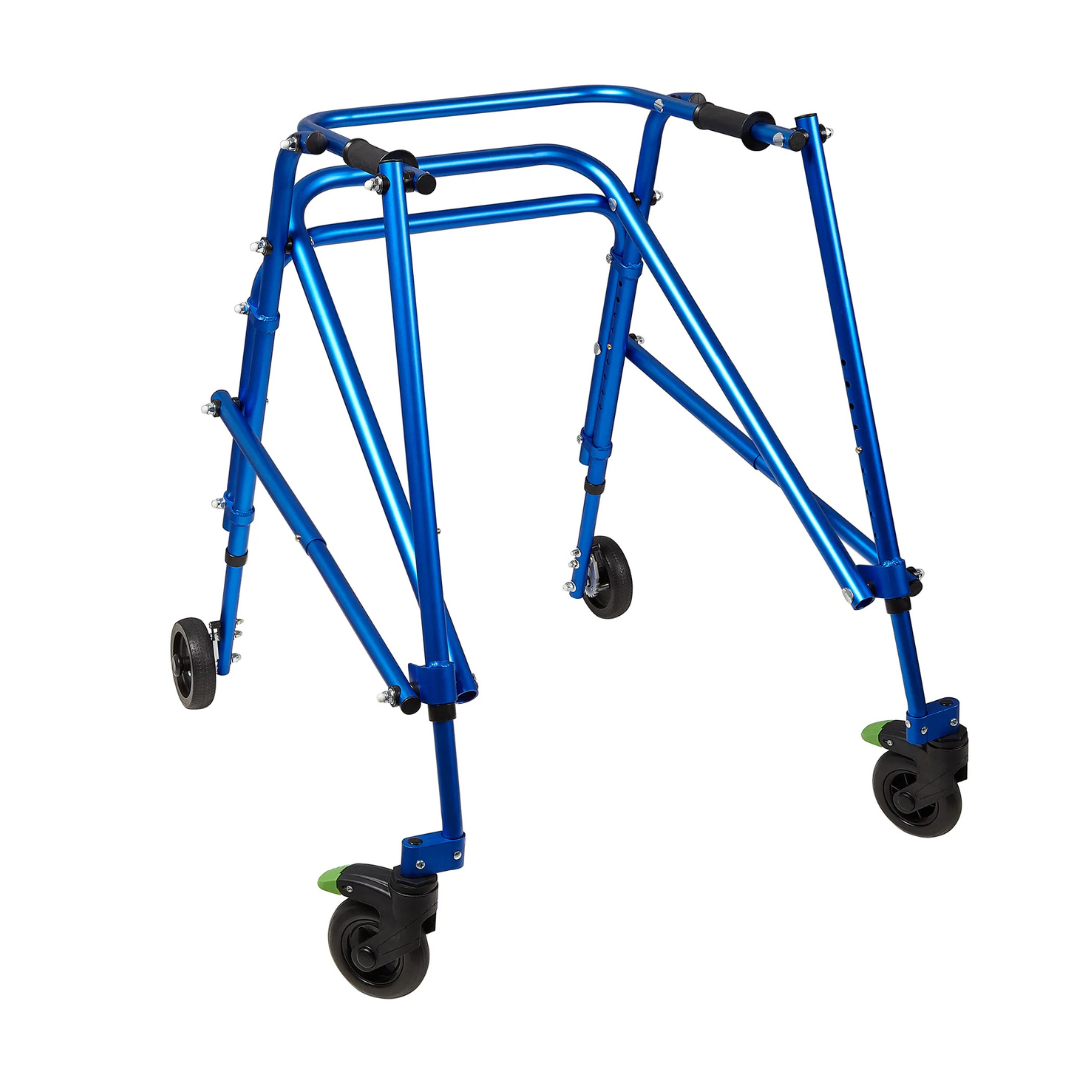 The Circle Specialty Klip Pediatric Posterior Walker is a blue, lightweight pediatric walker with four black wheels and green foot locks, providing mobility support for children and special needs users.